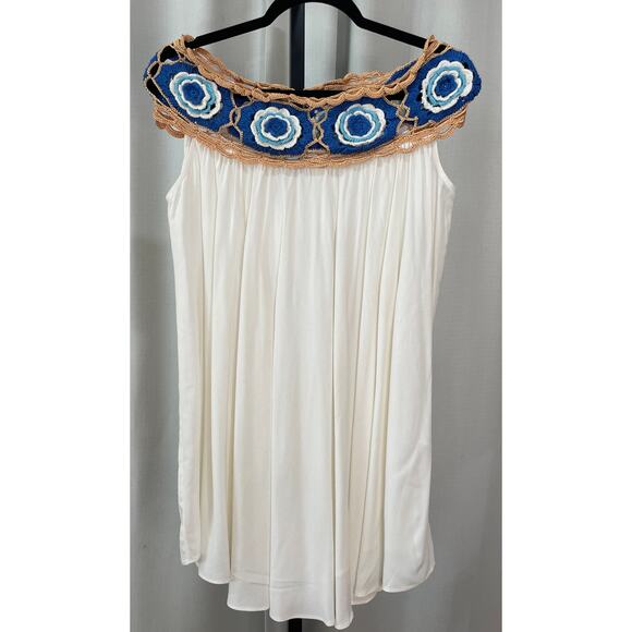 Embroidered Off-Shoulder Mini Dress - White and Gold - Picture 2 of 10